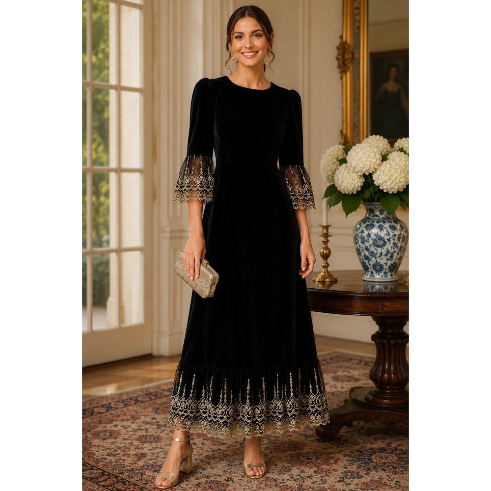 NWT Tuckernuck Pomander‎ Place Lilleth Black Velvet Maxi Dress Gold ($298) M
